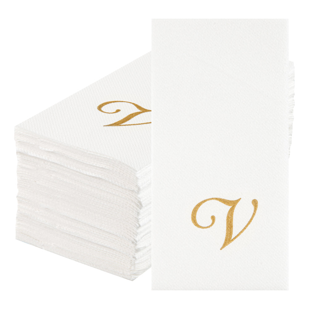 Luxenap Rectangle Gold Letter V White Paper Linen-Feel Guest Towel / Napkin - Air Laid, Cursive Font - 15 3/4" x 8" - 50 count box