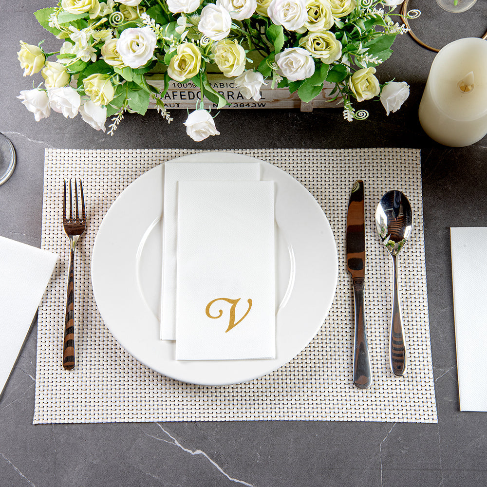 Luxenap Rectangle Gold Letter V White Paper Linen-Feel Guest Towel / Napkin - Air Laid, Cursive Font - 15 3/4" x 8" - 50 count box
