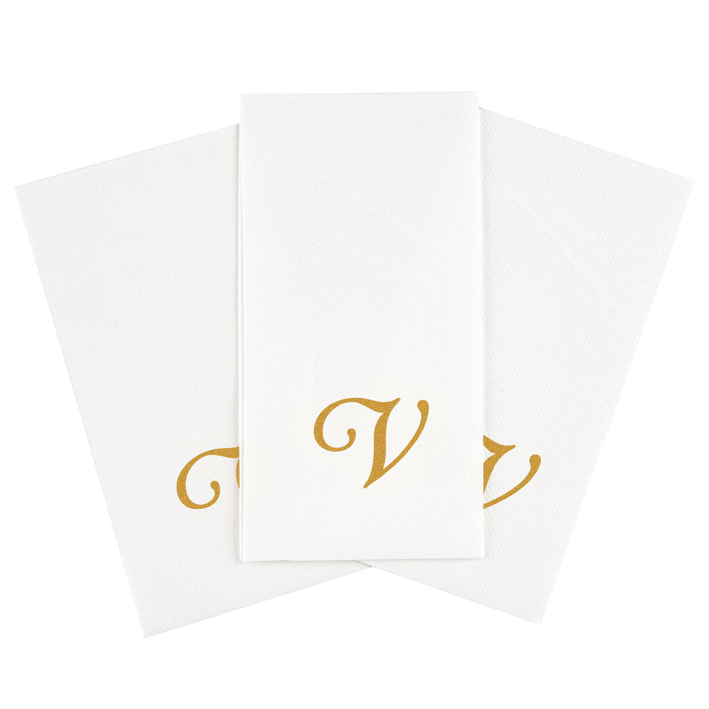 Luxenap Rectangle Gold Letter V White Paper Linen-Feel Guest Towel / Napkin - Air Laid, Cursive Font - 15 3/4" x 8" - 50 count box