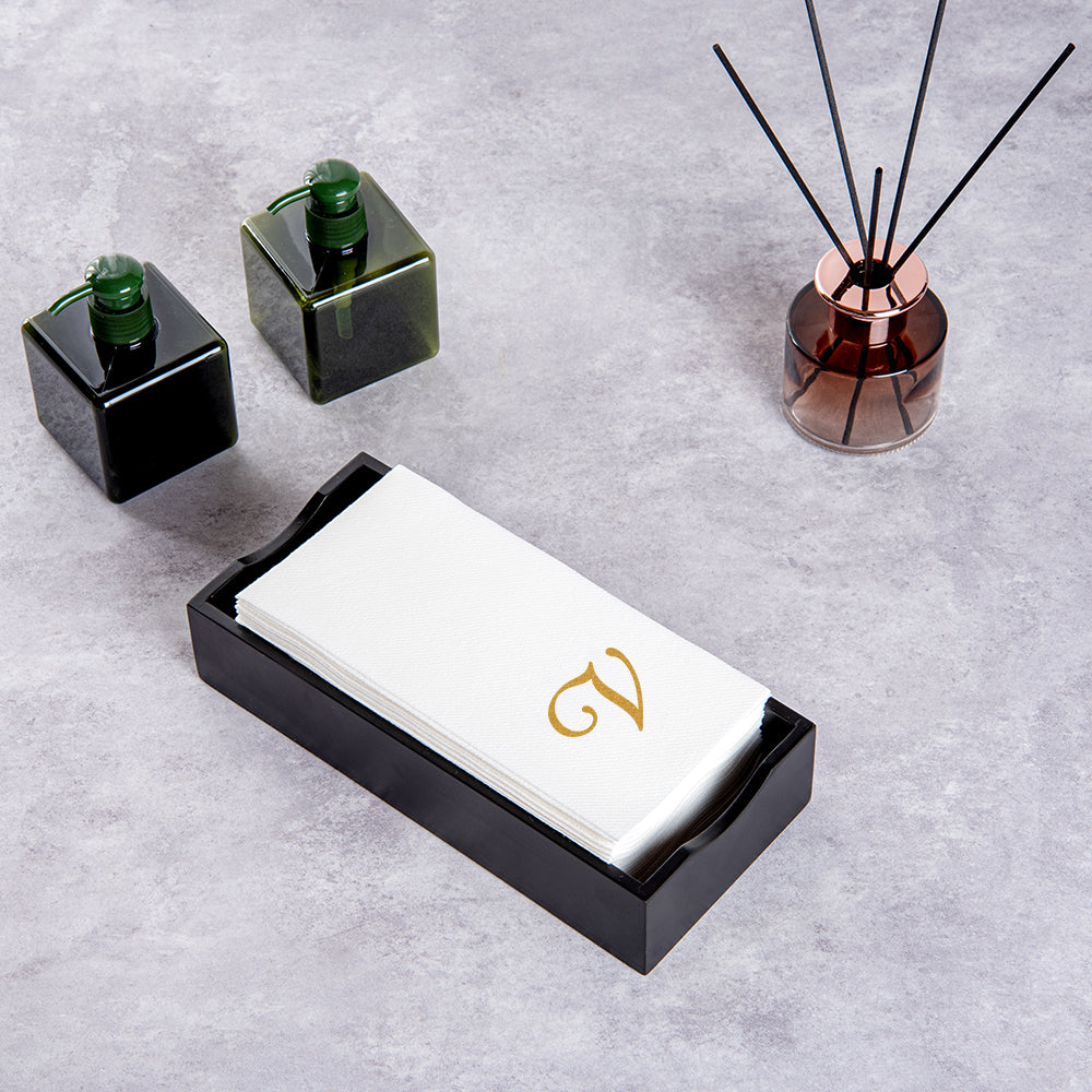 Luxenap Rectangle Gold Letter V White Paper Linen-Feel Guest Towel / Napkin - Air Laid, Cursive Font - 15 3/4" x 8" - 50 count box