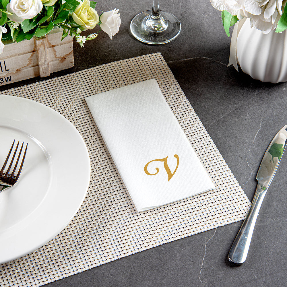 Luxenap Rectangle Gold Letter V White Paper Linen-Feel Guest Towel / Napkin - Air Laid, Cursive Font - 15 3/4" x 8" - 2000 count box