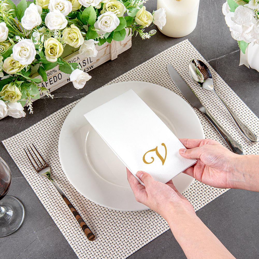 Luxenap Rectangle Gold Letter V White Paper Linen-Feel Guest Towel / Napkin - Air Laid, Cursive Font - 15 3/4" x 8" - 2000 count box