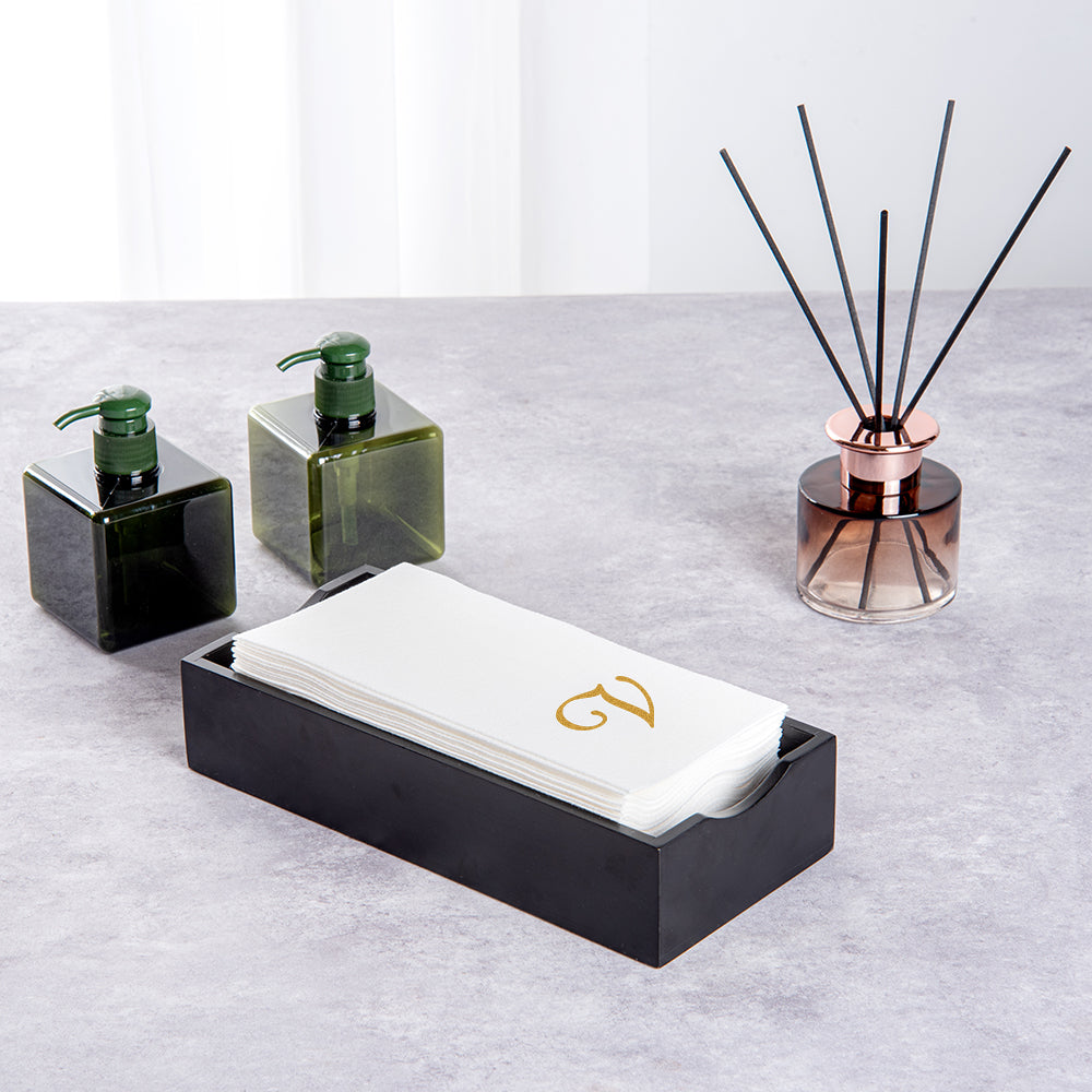 Luxenap Rectangle Gold Letter V White Paper Linen-Feel Guest Towel / Napkin - Air Laid, Cursive Font - 15 3/4" x 8" - 2000 count box