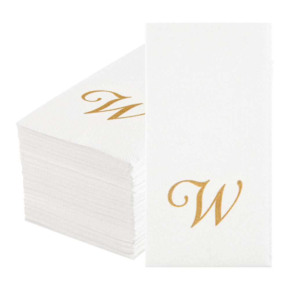 Luxenap Rectangle Gold Letter W White Paper Linen-Feel Guest Towel / Napkin - Air Laid, Cursive Font - 15 3/4" x 8" - 50 count box