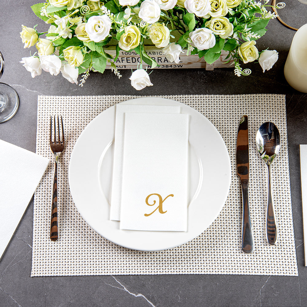 Luxenap Rectangle Gold Letter X White Paper Linen-Feel Guest Towel / Napkin - Air Laid, Cursive Font - 15 3/4" x 8" - 2000 count box