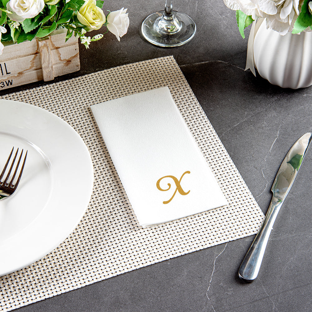 Luxenap Rectangle Gold Letter X White Paper Linen-Feel Guest Towel / Napkin - Air Laid, Cursive Font - 15 3/4" x 8" - 2000 count box