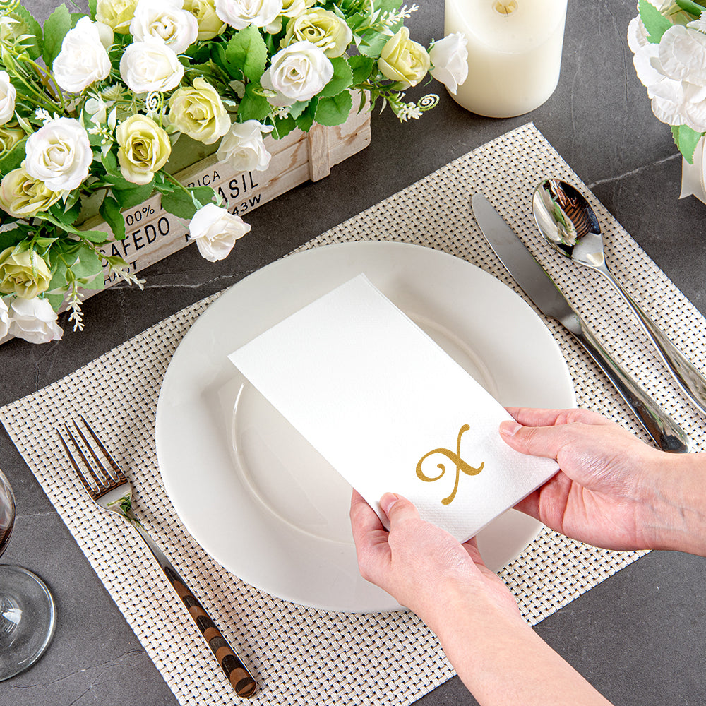 Luxenap Rectangle Gold Letter X White Paper Linen-Feel Guest Towel / Napkin - Air Laid, Cursive Font - 15 3/4" x 8" - 2000 count box
