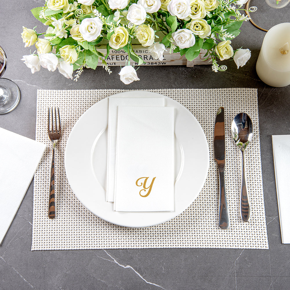 Luxenap Rectangle Gold Letter Y White Paper Linen-Feel Guest Towel / Napkin - Air Laid, Cursive Font - 15 3/4" x 8" - 2000 count box