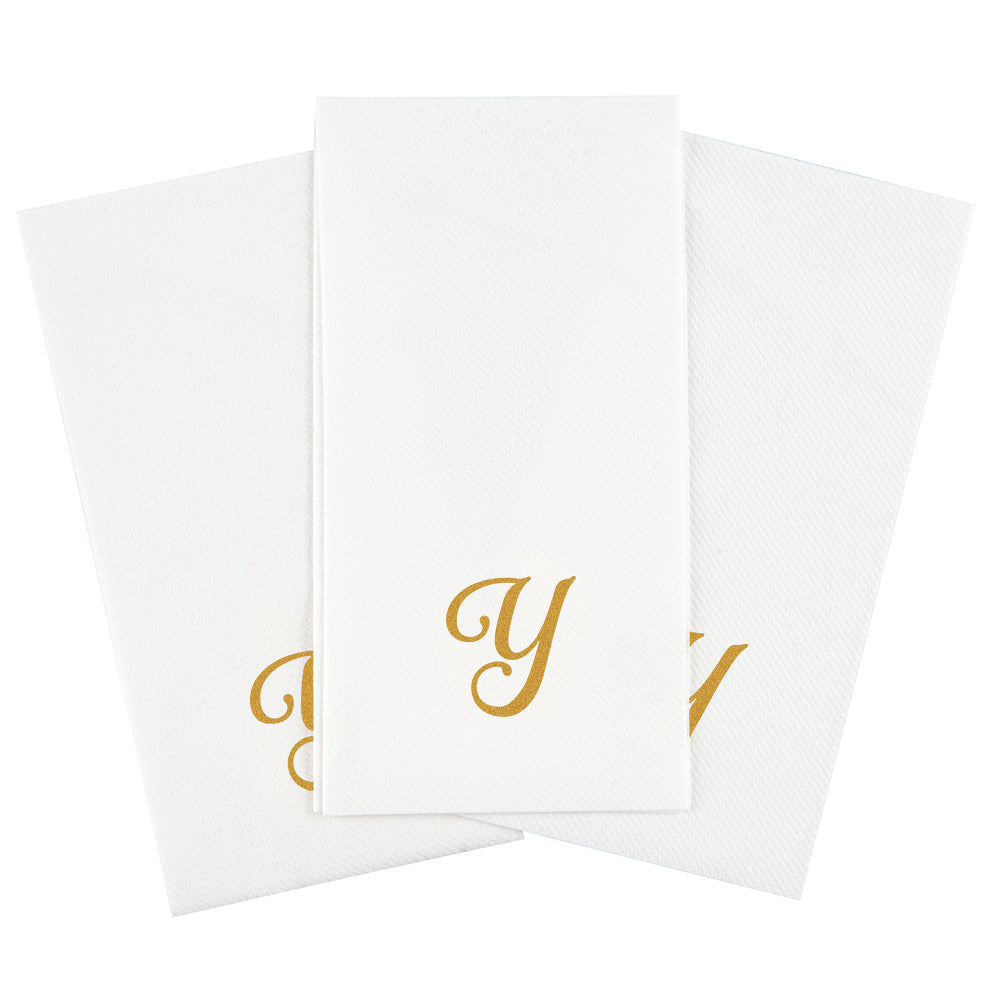 Luxenap Rectangle Gold Letter Y White Paper Linen-Feel Guest Towel / Napkin - Air Laid, Cursive Font - 15 3/4" x 8" - 50 count box