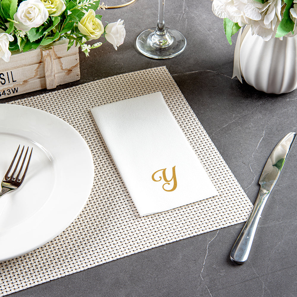 Luxenap Rectangle Gold Letter Y White Paper Linen-Feel Guest Towel / Napkin - Air Laid, Cursive Font - 15 3/4" x 8" - 2000 count box