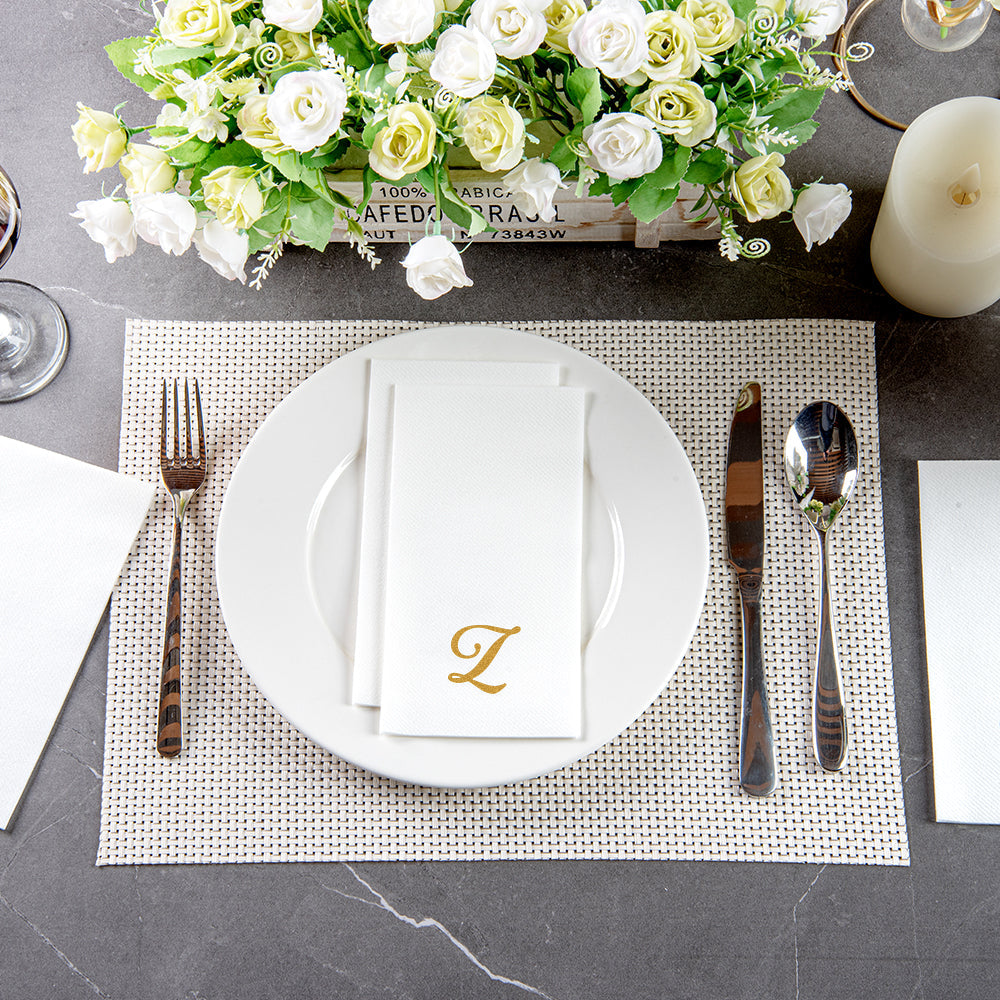 Luxenap Rectangle Gold Letter Z White Paper Linen-Feel Guest Towel / Napkin - Air Laid, Cursive Font - 15 3/4" x 8" - 50 count box