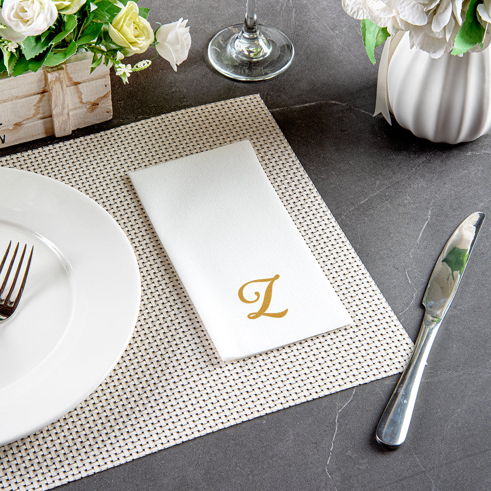 Luxenap Rectangle Gold Letter Z White Paper Linen-Feel Guest Towel / Napkin - Air Laid, Cursive Font - 15 3/4" x 8" - 2000 count box