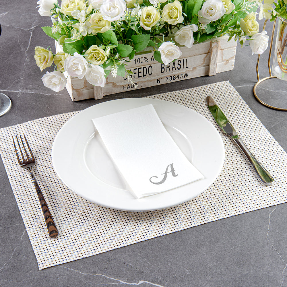 Luxenap Rectangle Silver Letter A White Paper Linen-Feel Guest Towel / Napkin - Air Laid, Cursive Font - 15 3/4" x 8" - 2000 count box