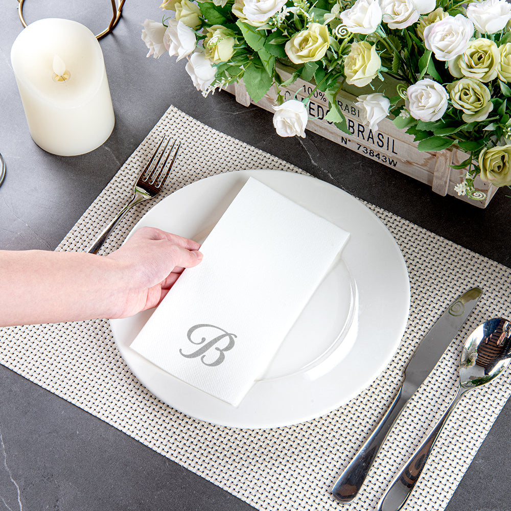 Luxenap Rectangle Silver Letter B White Paper Linen-Feel Guest Towel / Napkin - Air Laid, Cursive Font - 15 3/4" x 8" - 50 count box