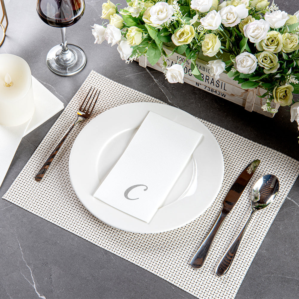 Luxenap Rectangle Silver Letter C White Paper Linen-Feel Guest Towel / Napkin - Air Laid, Cursive Font - 15 3/4" x 8" - 2000 count box