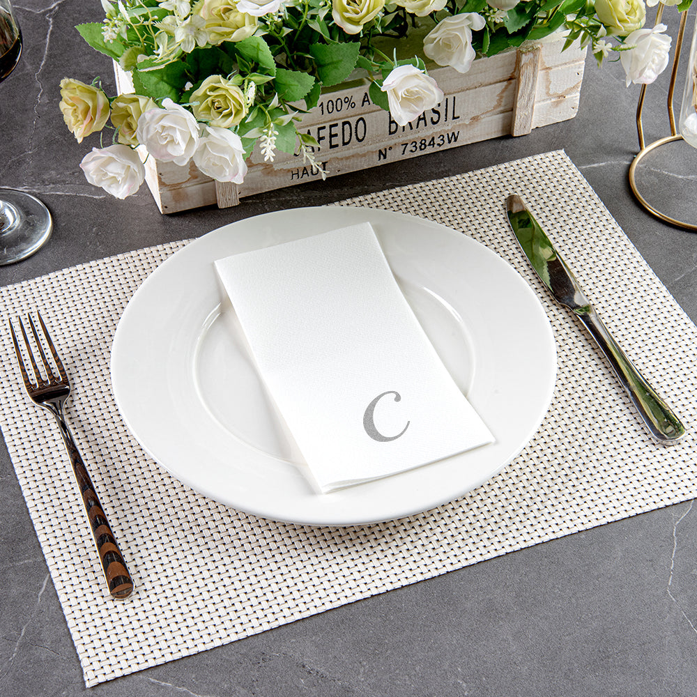 Luxenap Rectangle Silver Letter C White Paper Linen-Feel Guest Towel / Napkin - Air Laid, Cursive Font - 15 3/4" x 8" - 50 count box