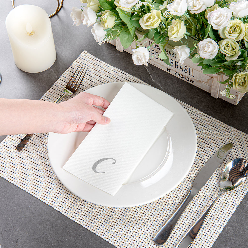 Luxenap Rectangle Silver Letter C White Paper Linen-Feel Guest Towel / Napkin - Air Laid, Cursive Font - 15 3/4" x 8" - 2000 count box