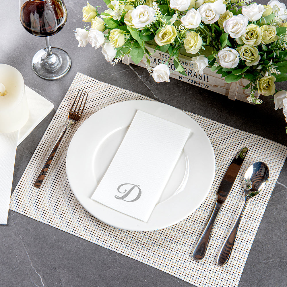 Luxenap Rectangle Silver Letter D White Paper Linen-Feel Guest Towel / Napkin - Air Laid, Cursive Font - 15 3/4" x 8" - 50 count box