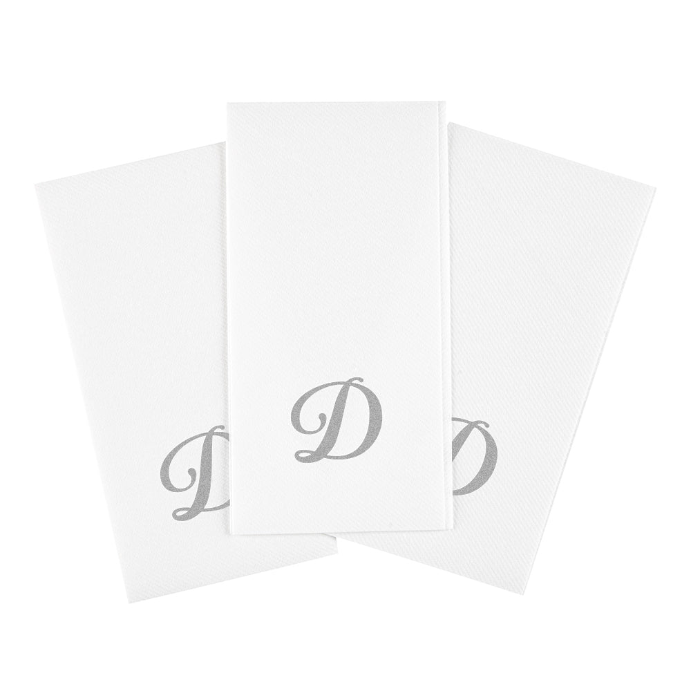 Luxenap Rectangle Silver Letter D White Paper Linen-Feel Guest Towel / Napkin - Air Laid, Cursive Font - 15 3/4" x 8" - 50 count box