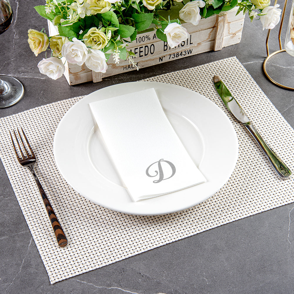 Luxenap Rectangle Silver Letter D White Paper Linen-Feel Guest Towel / Napkin - Air Laid, Cursive Font - 15 3/4" x 8" - 2000 count box