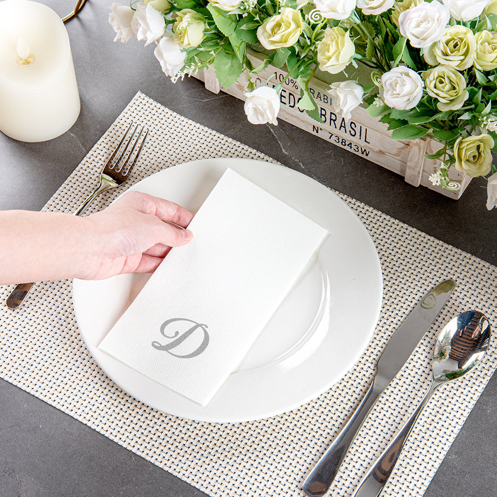 Luxenap Rectangle Silver Letter D White Paper Linen-Feel Guest Towel / Napkin - Air Laid, Cursive Font - 15 3/4" x 8" - 2000 count box