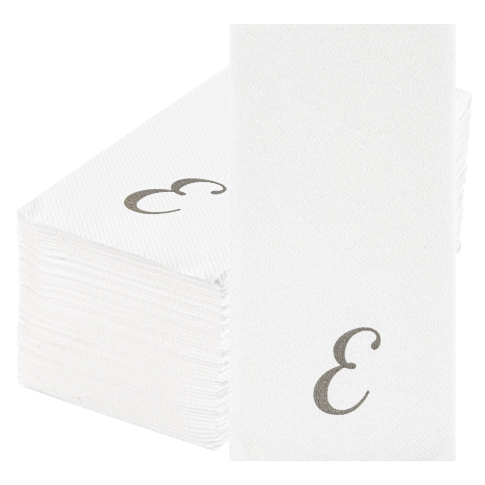 Luxenap Rectangle Silver Letter E White Paper Linen-Feel Guest Towel / Napkin - Air Laid, Cursive Font - 15 3/4" x 8" - 50 count box