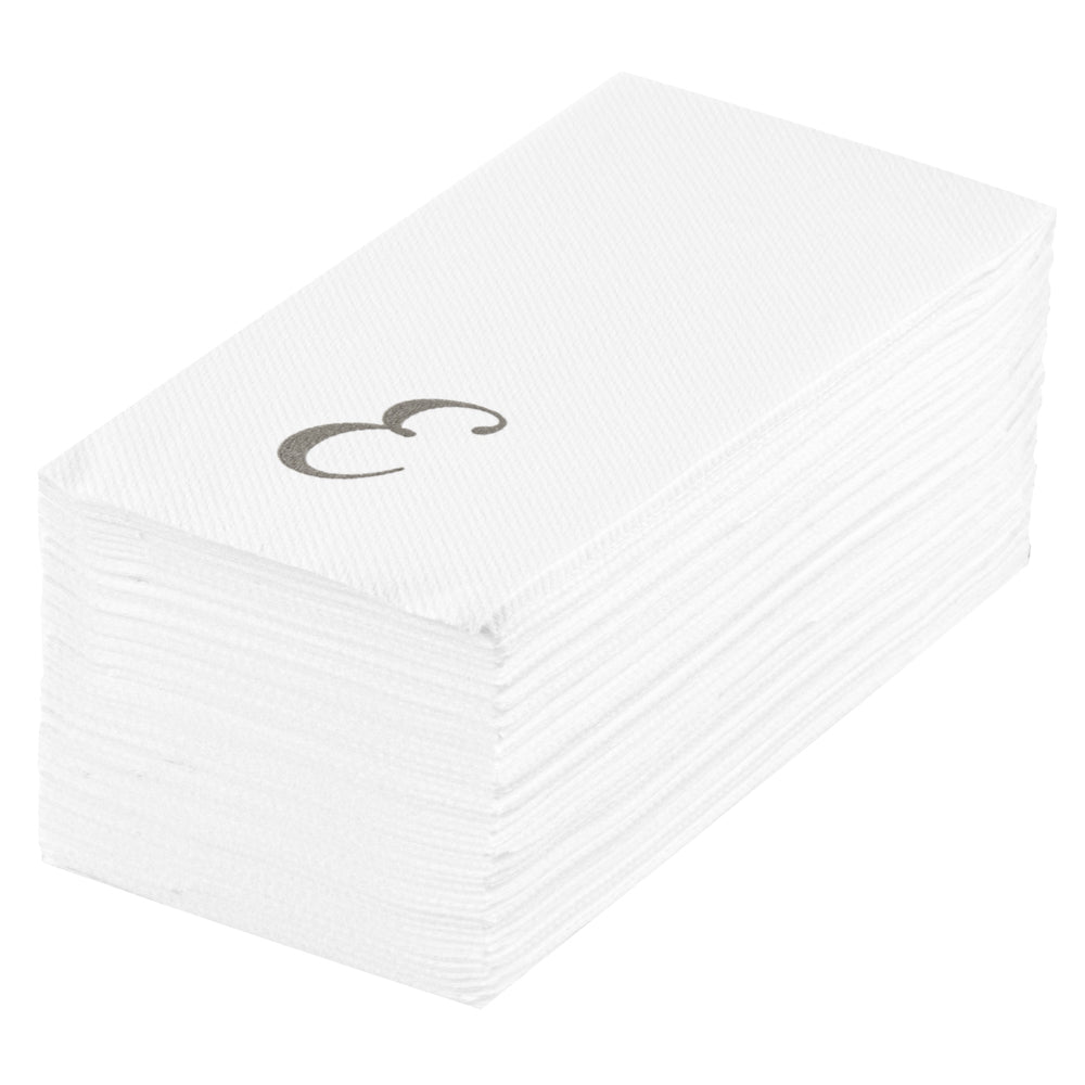 Luxenap Rectangle Silver Letter E White Paper Linen-Feel Guest Towel / Napkin - Air Laid, Cursive Font - 15 3/4" x 8" - 50 count box