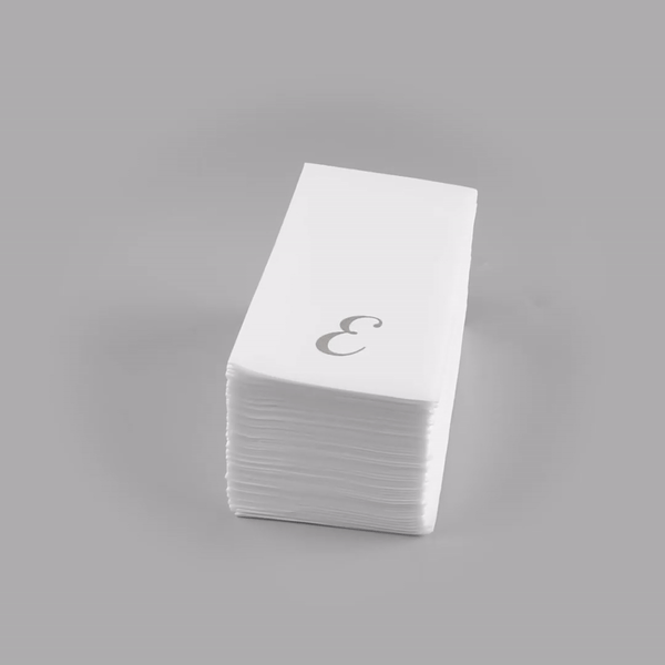 Luxenap Rectangle Silver Letter E White Paper Linen-Feel Guest Towel / Napkin - Air Laid, Cursive Font - 15 3/4" x 8" - 2000 count box
