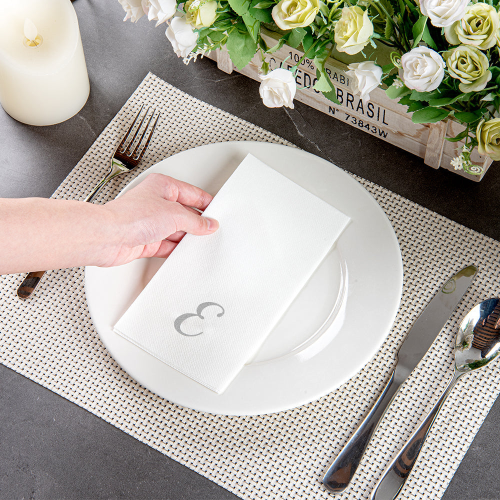 Luxenap Rectangle Silver Letter E White Paper Linen-Feel Guest Towel / Napkin - Air Laid, Cursive Font - 15 3/4" x 8" - 2000 count box