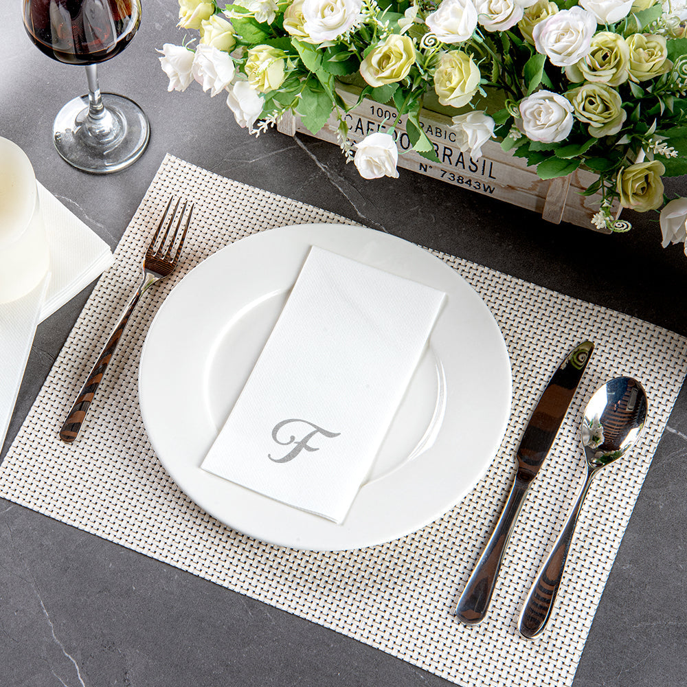 Luxenap Rectangle Silver Letter F White Paper Linen-Feel Guest Towel / Napkin - Air Laid, Cursive Font - 15 3/4" x 8" - 50 count box