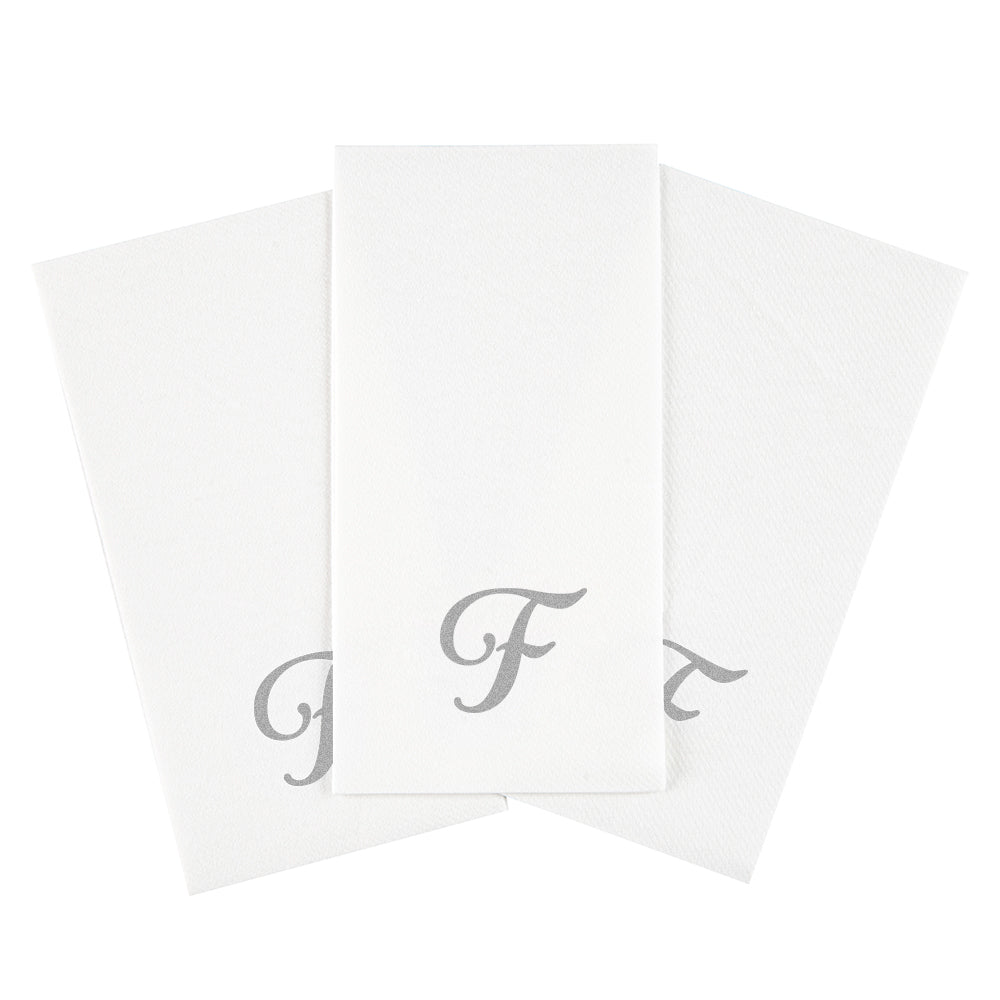 Luxenap Rectangle Silver Letter F White Paper Linen-Feel Guest Towel / Napkin - Air Laid, Cursive Font - 15 3/4" x 8" - 50 count box