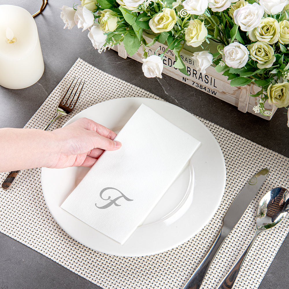 Luxenap Rectangle Silver Letter F White Paper Linen-Feel Guest Towel / Napkin - Air Laid, Cursive Font - 15 3/4" x 8" - 50 count box