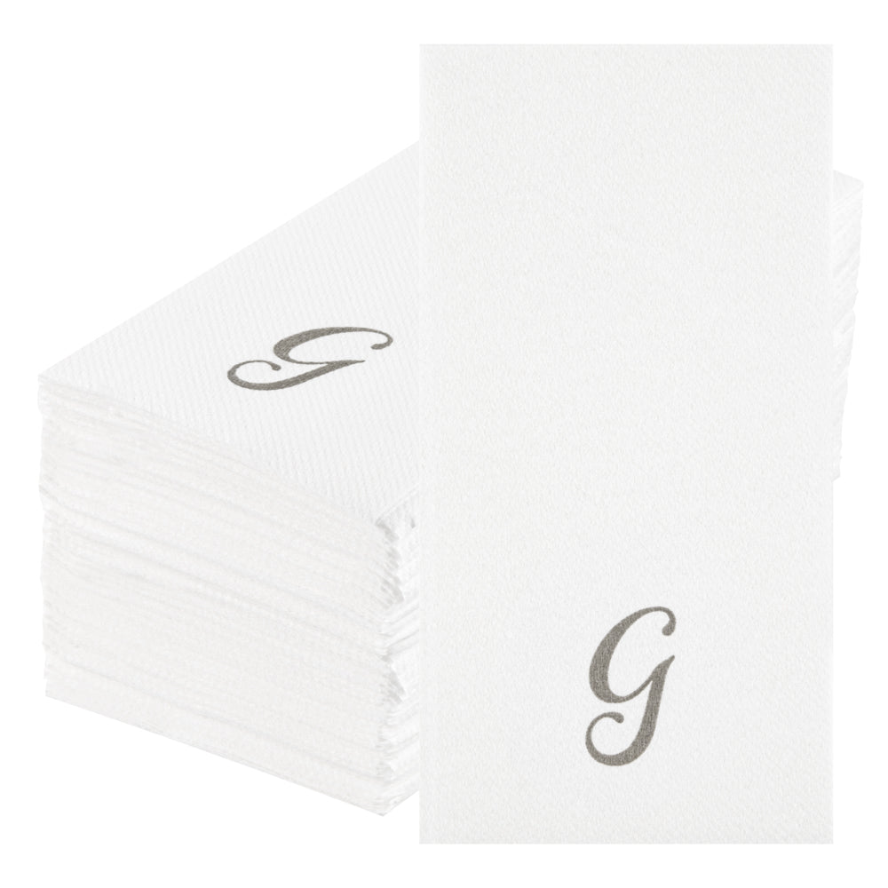 Luxenap Rectangle Silver Letter G White Paper Linen-Feel Guest Towel / Napkin - Air Laid, Cursive Font - 15 3/4" x 8" - 50 count box