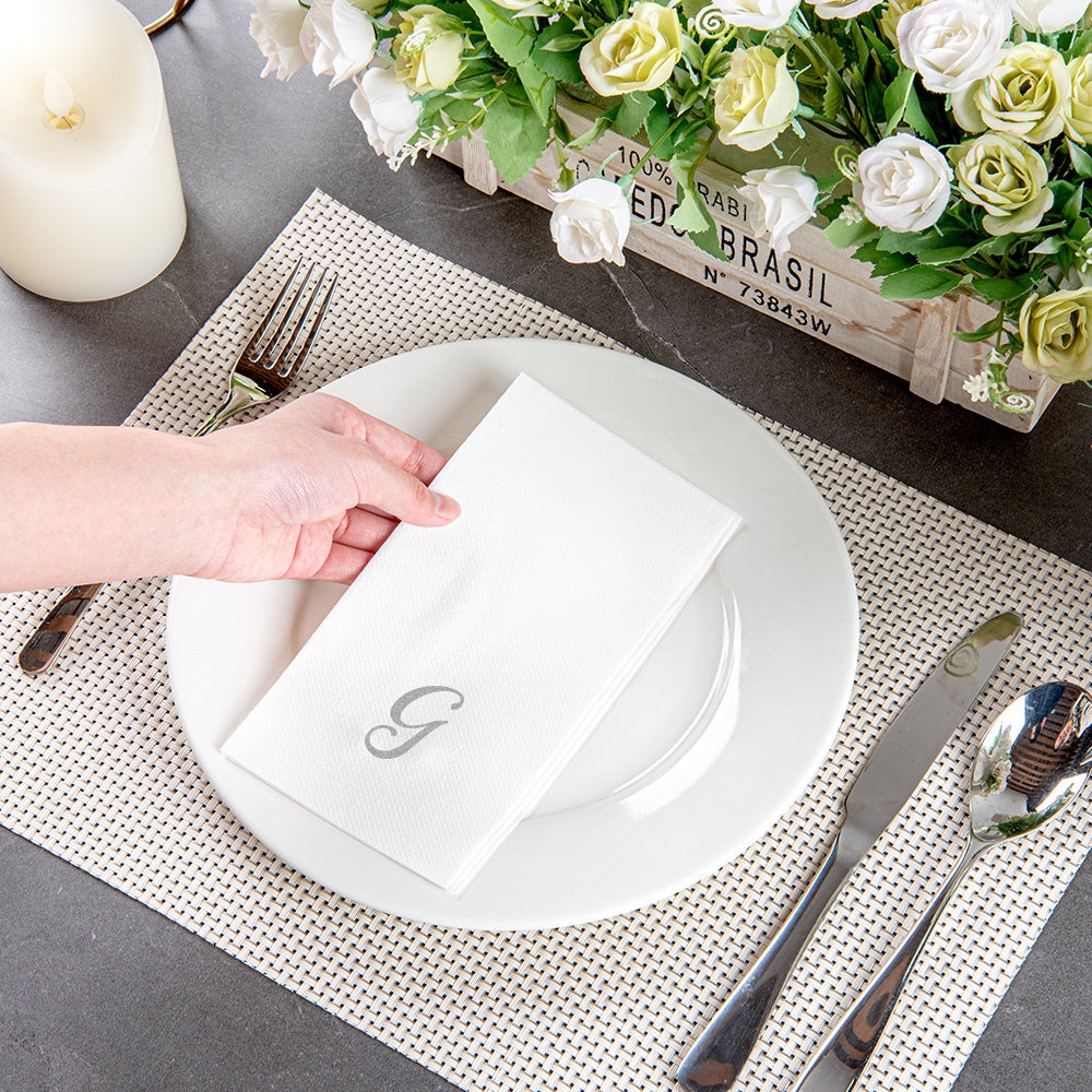 Luxenap Rectangle Silver Letter G White Paper Linen-Feel Guest Towel / Napkin - Air Laid, Cursive Font - 15 3/4" x 8" - 50 count box