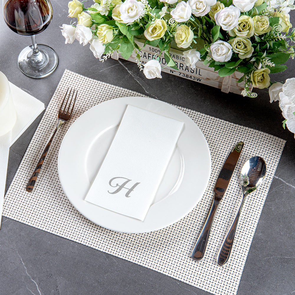 Luxenap Rectangle Silver Letter H White Paper Linen-Feel Guest Towel / Napkin - Air Laid, Cursive Font - 15 3/4" x 8" - 50 count box