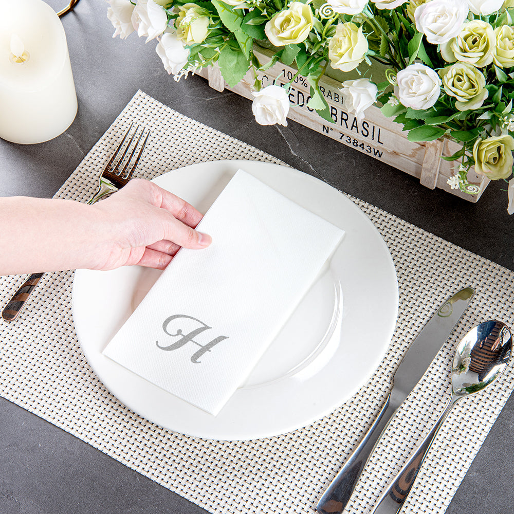 Luxenap Rectangle Silver Letter H White Paper Linen-Feel Guest Towel / Napkin - Air Laid, Cursive Font - 15 3/4" x 8" - 50 count box