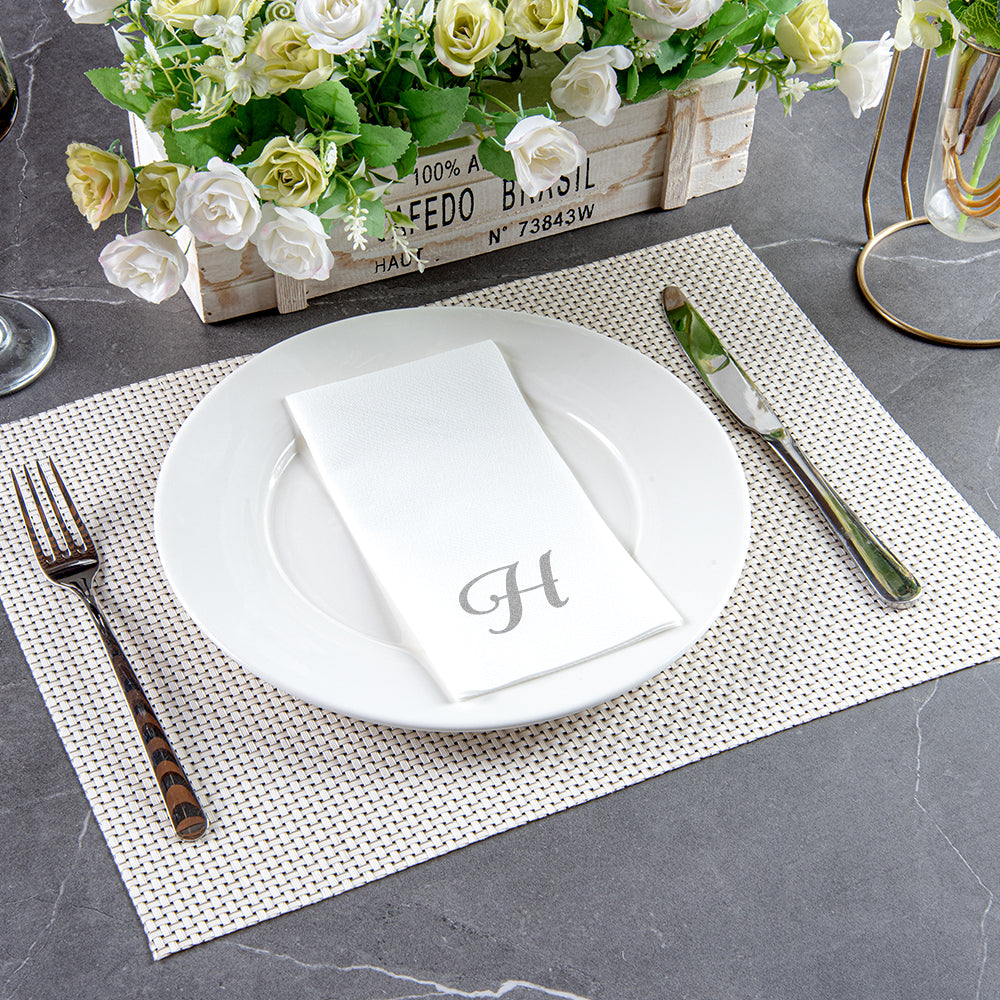 Luxenap Rectangle Silver Letter H White Paper Linen-Feel Guest Towel / Napkin - Air Laid, Cursive Font - 15 3/4" x 8" - 2000 count box