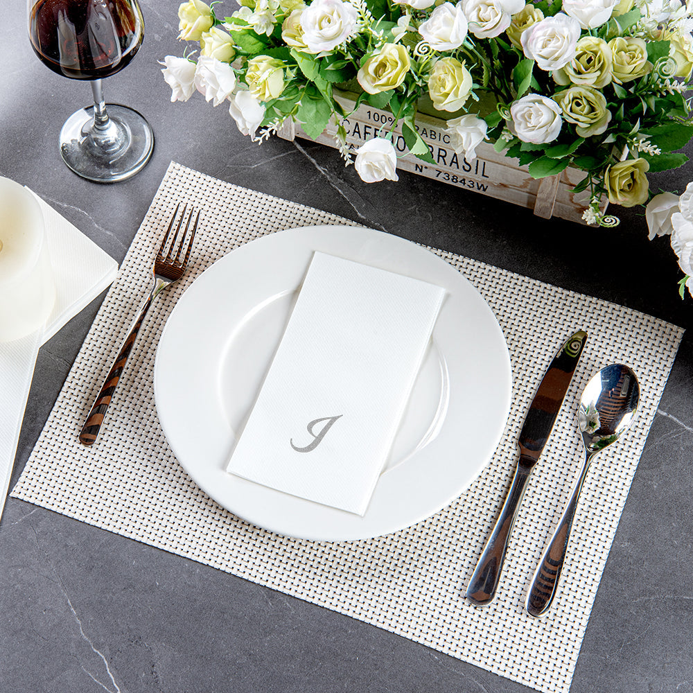 Luxenap Rectangle Silver Letter I White Paper Linen-Feel Guest Towel / Napkin - Air Laid, Cursive Font - 15 3/4" x 8" - 50 count box