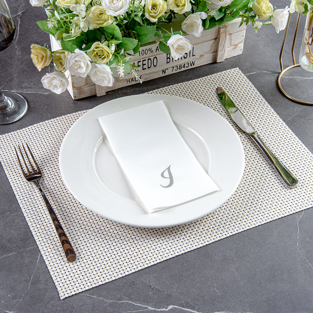 Luxenap Rectangle Silver Letter I White Paper Linen-Feel Guest Towel / Napkin - Air Laid, Cursive Font - 15 3/4" x 8" - 50 count box