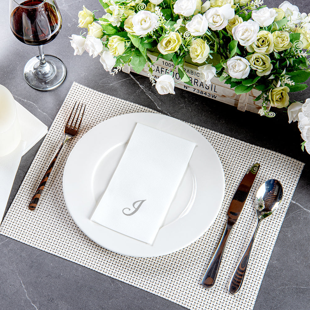 Luxenap Rectangle Silver Letter J White Paper Linen-Feel Guest Towel / Napkin - Air Laid, Cursive Font - 15 3/4" x 8" - 50 count box