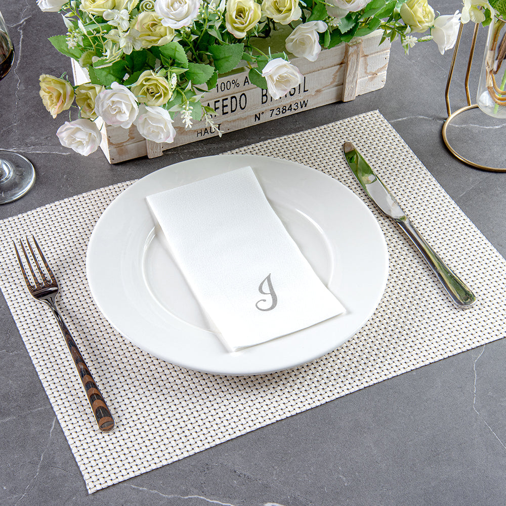 Luxenap Rectangle Silver Letter J White Paper Linen-Feel Guest Towel / Napkin - Air Laid, Cursive Font - 15 3/4" x 8" - 50 count box