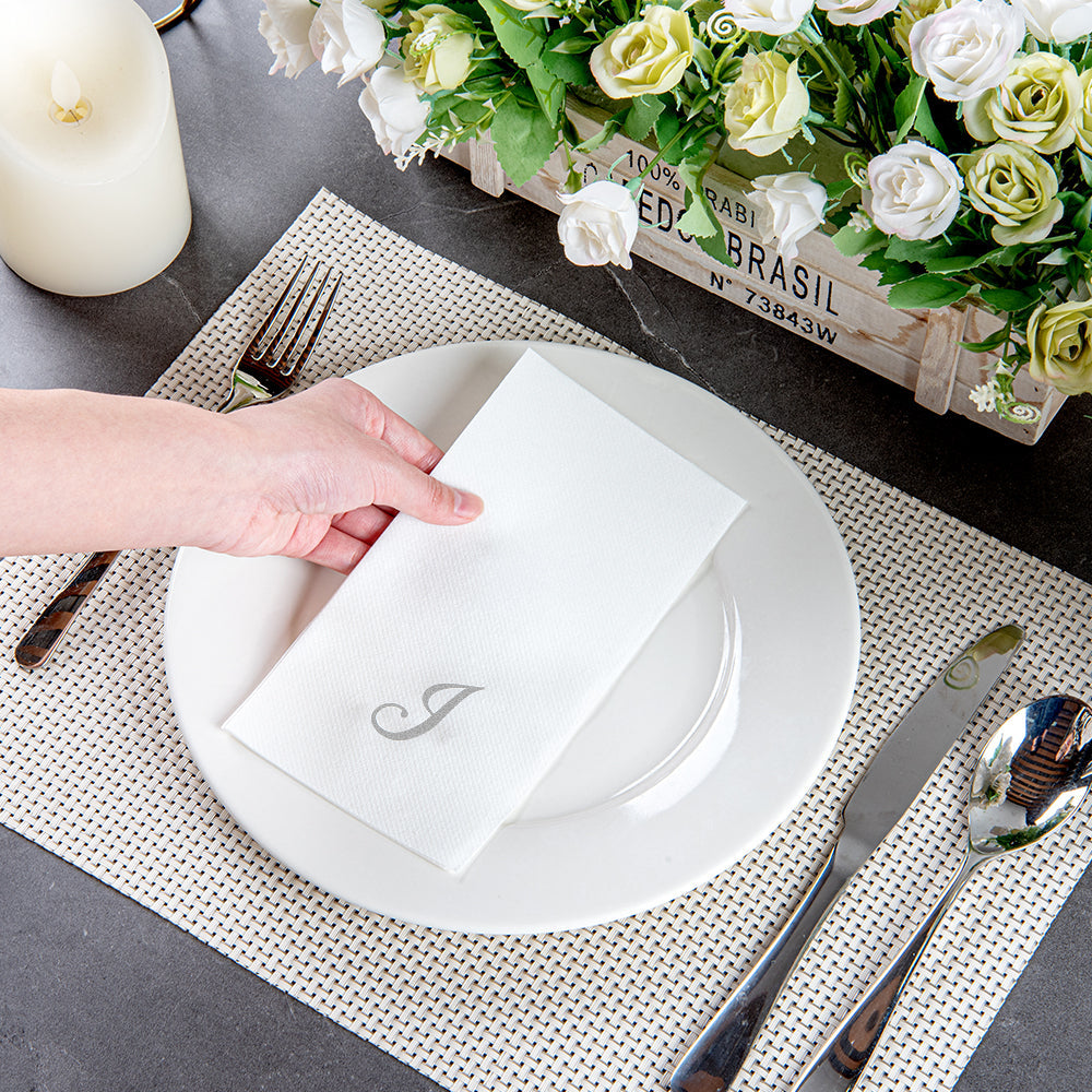 Luxenap Rectangle Silver Letter J White Paper Linen-Feel Guest Towel / Napkin - Air Laid, Cursive Font - 15 3/4" x 8" - 50 count box