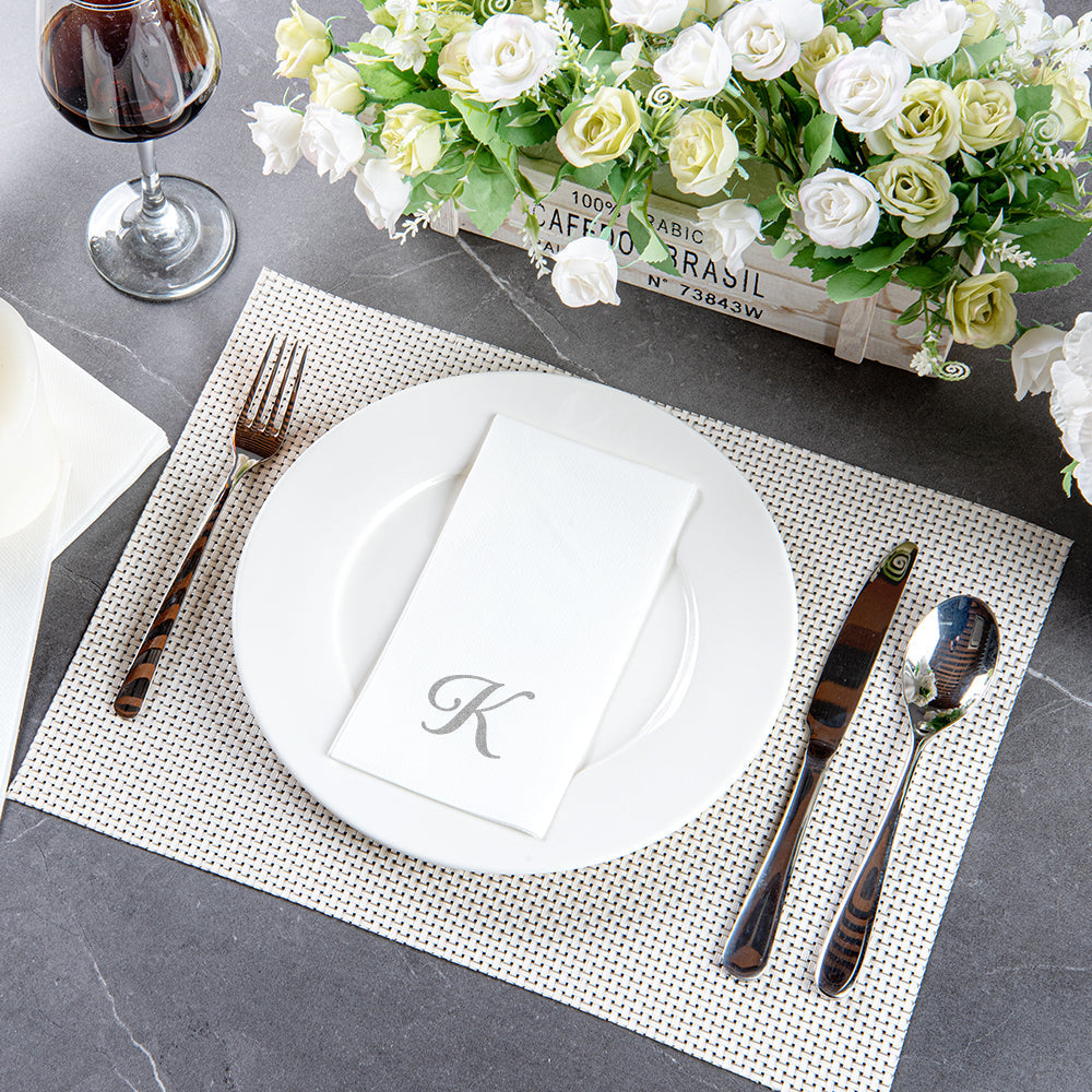 Luxenap Rectangle Silver Letter K White Paper Linen-Feel Guest Towel / Napkin - Air Laid, Cursive Font - 15 3/4" x 8" - 50 count box