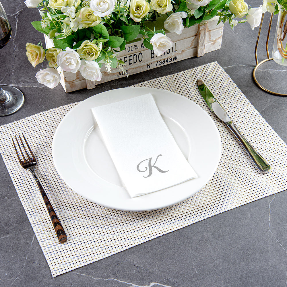 Luxenap Rectangle Silver Letter K White Paper Linen-Feel Guest Towel / Napkin - Air Laid, Cursive Font - 15 3/4" x 8" - 50 count box