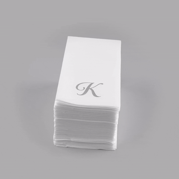 Luxenap Rectangle Silver Letter K White Paper Linen-Feel Guest Towel / Napkin - Air Laid, Cursive Font - 15 3/4" x 8" - 2000 count box