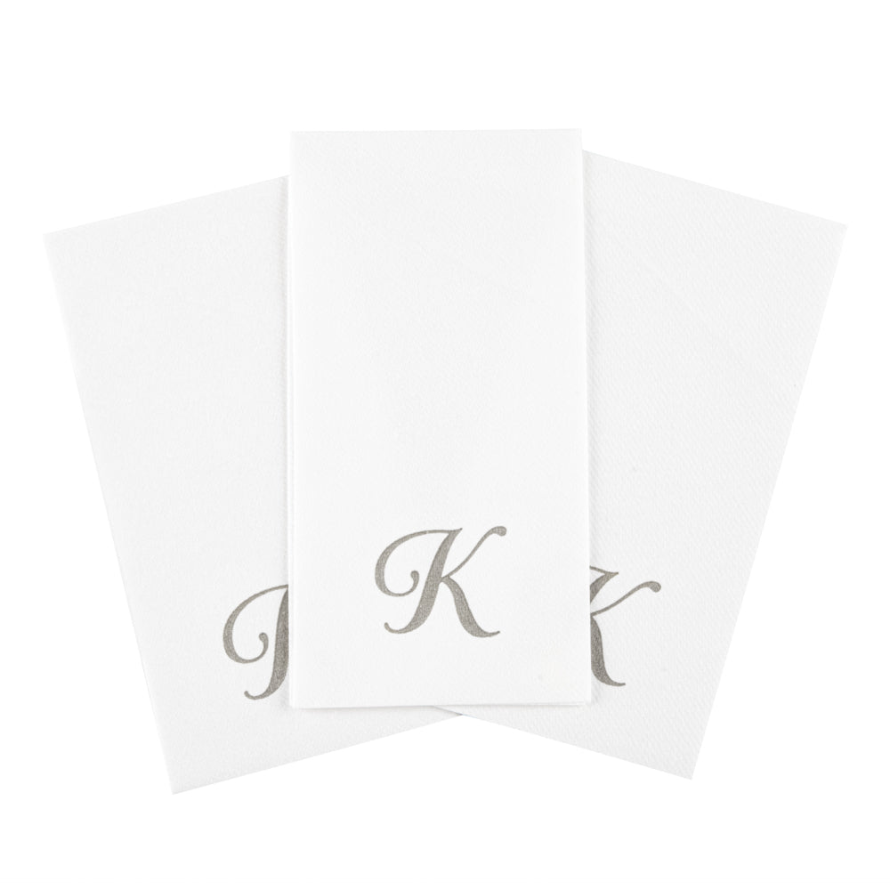 Luxenap Rectangle Silver Letter K White Paper Linen-Feel Guest Towel / Napkin - Air Laid, Cursive Font - 15 3/4" x 8" - 2000 count box