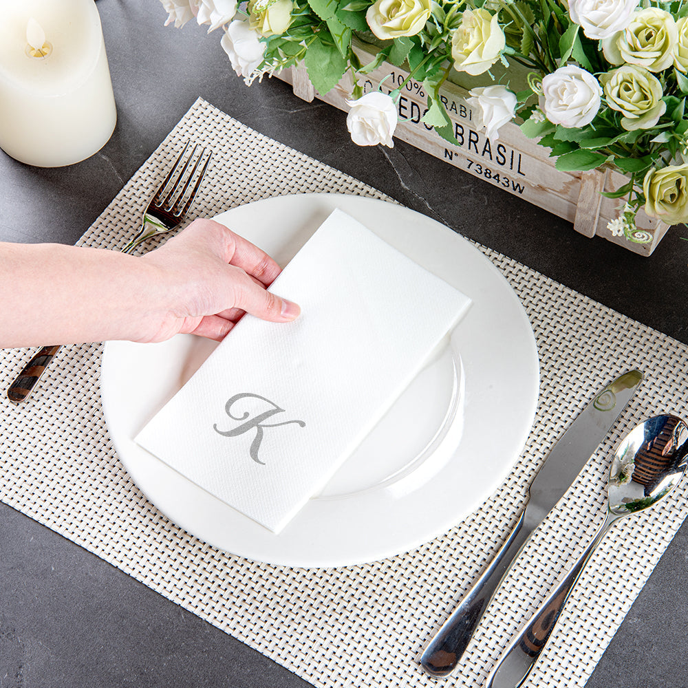 Luxenap Rectangle Silver Letter K White Paper Linen-Feel Guest Towel / Napkin - Air Laid, Cursive Font - 15 3/4" x 8" - 2000 count box