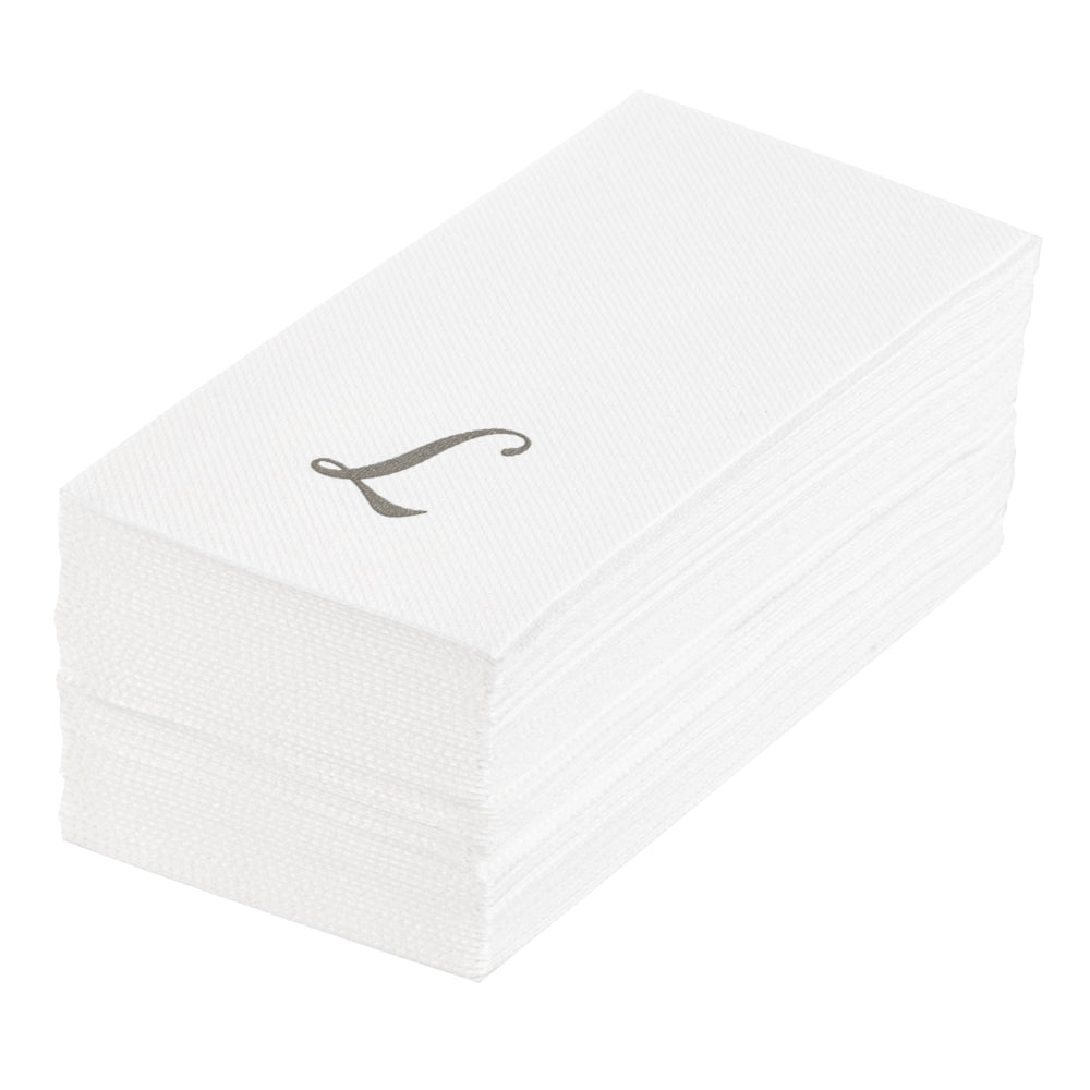 Luxenap Rectangle Silver Letter L White Paper Linen-Feel Guest Towel / Napkin - Air Laid, Cursive Font - 15 3/4" x 8" - 2000 count box