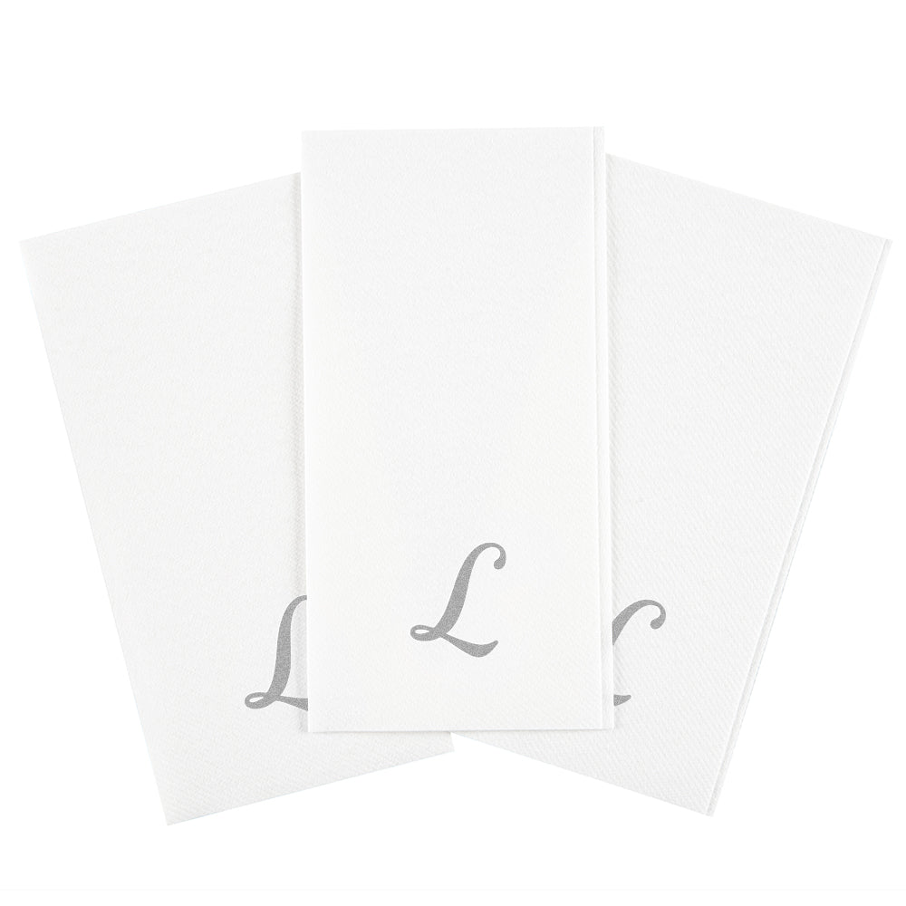 Luxenap Rectangle Silver Letter L White Paper Linen-Feel Guest Towel / Napkin - Air Laid, Cursive Font - 15 3/4" x 8" - 50 count box