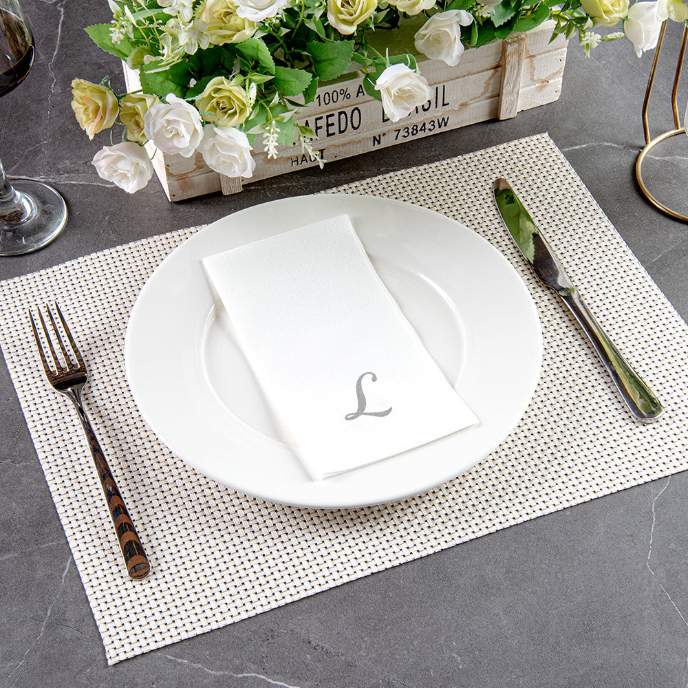 Luxenap Rectangle Silver Letter L White Paper Linen-Feel Guest Towel / Napkin - Air Laid, Cursive Font - 15 3/4" x 8" - 50 count box